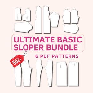 Op de afbeelding: Een set van zes PDF-naaipatronen voor basiskleding, waaronder een jurk, een top, een broek en een rok. De patronen zijn in zwart op een witte achtergrond getekend. De tekst "ULTIMATE BASIC SLOPER BUNDLE" en "6 PDF PATTERNS" wordt weergegeven in zwarte tekst op een roze achtergrond. Een rood label met de tekst "50% OFF" bevindt zich in de linkerbovenhoek.