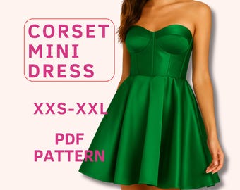 Mini corset dress sewing pattern, strapless mini dress pattern, Strapless Prom Dress, Skater dress pattern, formal dress pattern for women