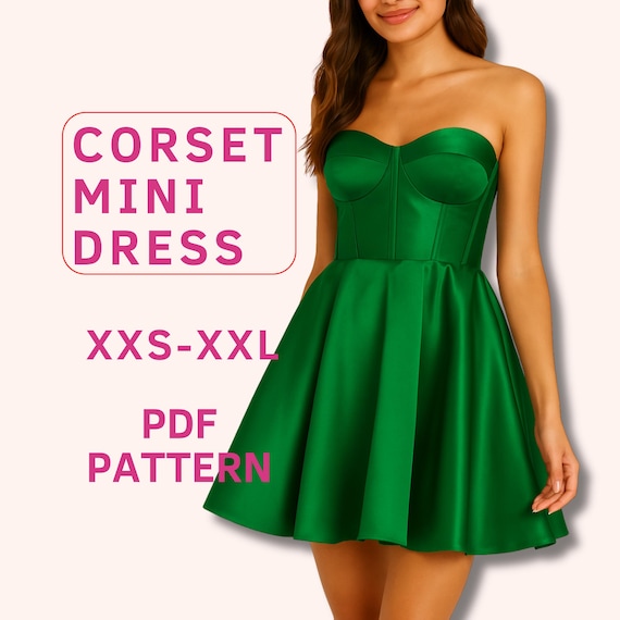 Mini corset dress sewing pattern, strapless mini dress pattern, Strapless Prom Dress, Skater dress pattern, formal dress pattern for women