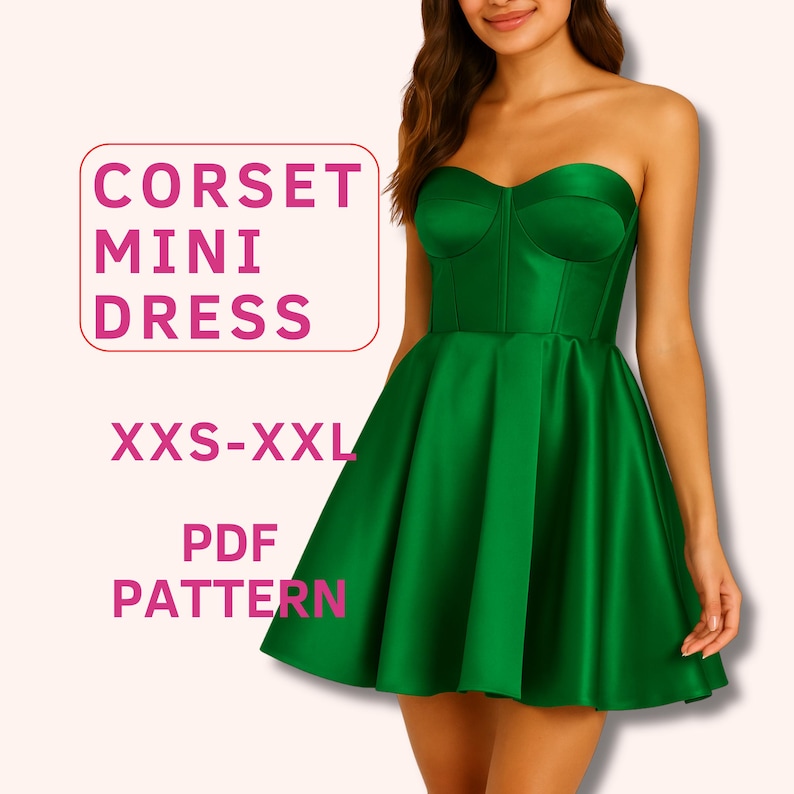 Mini corset dress sewing pattern, strapless mini dress pattern, Strapless Prom Dress, Skater dress pattern, formal dress pattern for women image 1