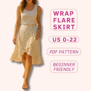 May include: A woman wearing a cream-colored tank top and a wrap flare skirt. The skirt is a light cream color with a floral pattern in shades of orange and green. The text on the image reads "WRAP FLARE SKIRT", "US 0-22", "PDF PATTERN", and "BEGINNER FRIENDLY".