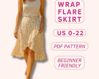 Wrap skirt pattern for beginners, flared midi skirt pattern, A line midi skirt pdf sewing pattern, layered skirt pattern, ruffle midi skirt