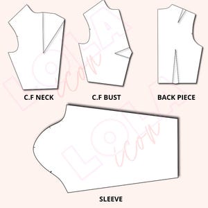 May include: A sewing pattern for a garment with four pieces: a front neck, front bust, back piece, and sleeve. The pattern pieces are outlined in black on a white background.