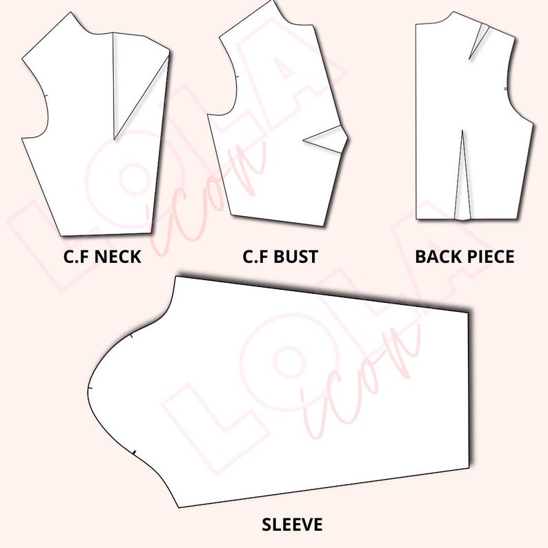 May include: A sewing pattern for a garment with four pieces: a front neck, front bust, back piece, and sleeve. The pattern pieces are outlined in black on a white background.