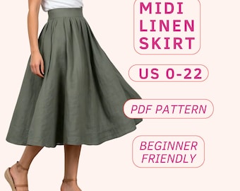 Midi circle skirt pattern, linen gathered skirt sewing pattern, midi circle skirt pattern for beginners, full circle skirt pdf pattern