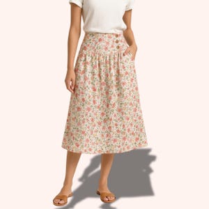 Drop waist skirt pattern, midi skirt with yoke pattern, beginner friendly skirt with pockets, easy cotton A line skirt pdf sewing pattern