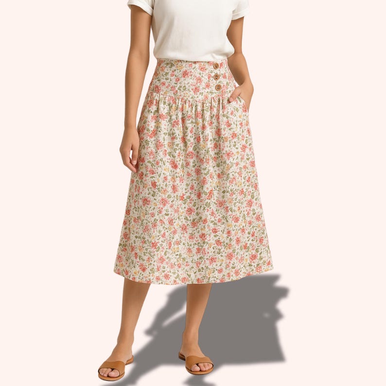 Drop waist skirt pattern, midi skirt with yoke pattern, beginner friendly skirt with pockets, easy cotton A line skirt pdf sewing pattern