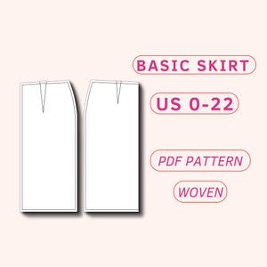 以下が含まれることがあります： サイズUS 0-22のベーシックなスカートのパターンの白黒線画です。「BASIC SKIRT」、「US 0-22」、「PDF PATTERN」、「WOVEN」のテキストが画像に含まれています。