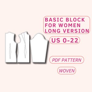 May include: A basic block sewing pattern for women in sizes UK 6-26. The pattern is for a long-sleeved top and is designed for woven fabrics. The pattern is a PDF download.