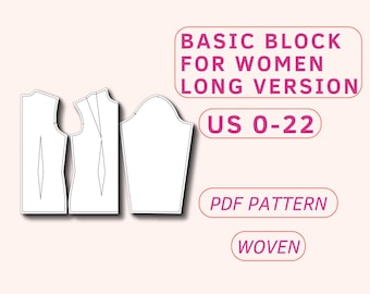 Basic long bodice block and sleeve for women, bodice sloper for beginners, basic sleeve sloper, long torso bodice block pdf sewing patterns