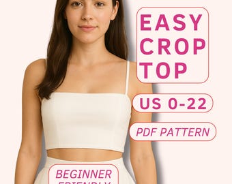 Easy crop top sewing pattern, beginner friendly summer crop top, plus size top for women, fitted crop top with spaghetti straps and zipper