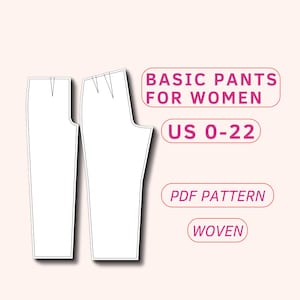 Peut inclure: Un patron de couture numérique pour un pantalon basique, tailles françaises 34-52. Le patron est destiné aux tissus tissés et est disponible en téléchargement PDF. L'image montre un dessin au trait du pantalon.