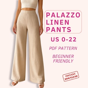 Linen palazzo pants for women, Wide leg pants sewing pattern high waist pants pattern, flowy elegant trousers pattern pdf, summer pants