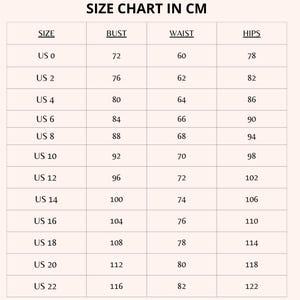 May include: Size chart in centimeters for clothing. The chart lists US sizes 0 through 22 with corresponding bust, waist, and hip measurements.