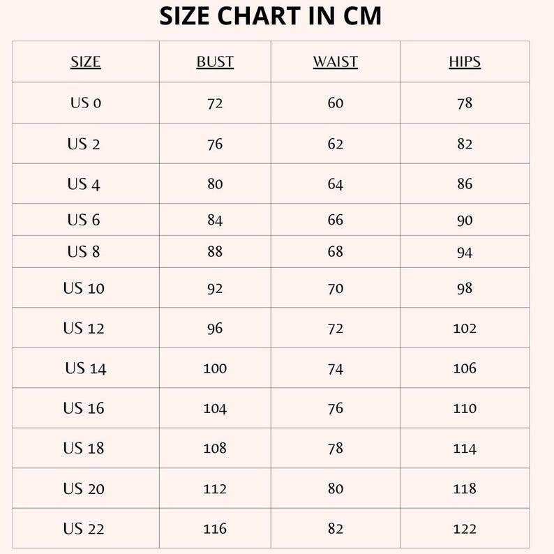 May include: Size chart in centimeters for clothing. The chart lists US sizes 0 through 22 with corresponding bust, waist, and hip measurements.