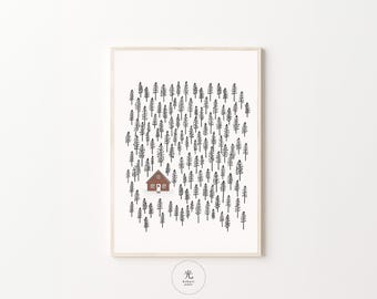 Minimalist Tree Art, Simple Tree Illustration, Cozy Home Decor, Black and White Art, Calming Wall Decor, Cottagecore Art, Winter Wall Art