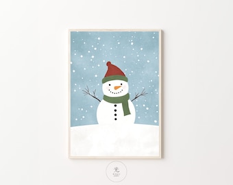 Snowman Art Print, Snowman Illustration, Christmas Snowman Print, Kids Room Decor, Festive Snowman Decor, Winter Scene Illustration
