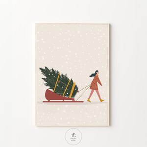 Christmas Tree on Sled, Christmas Tree Illustration, Gift for Christmas Lovers, Minimalist Christmas Print, Christmas Digital Print