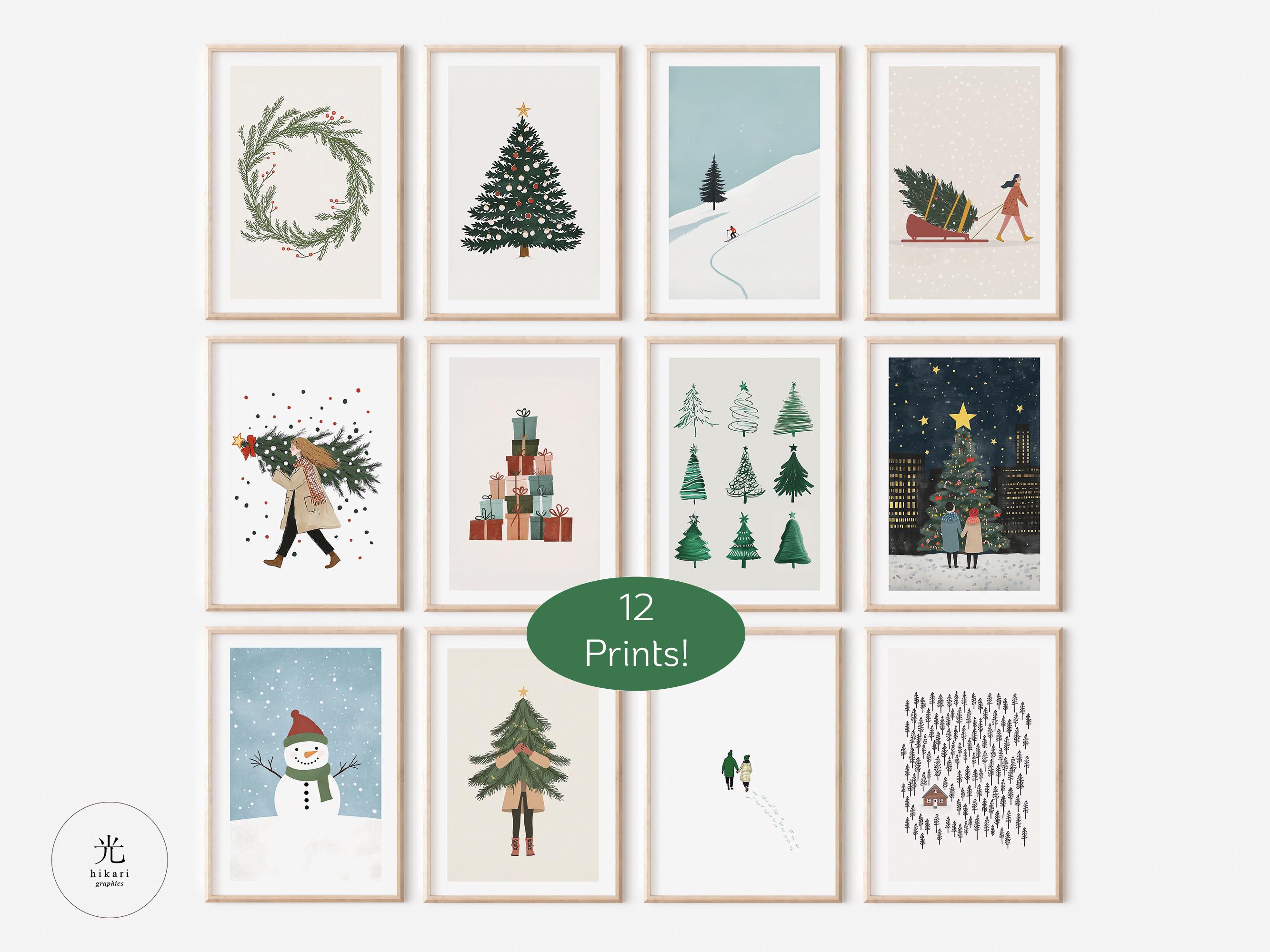 Merry and Bright, Festive Home Decor, Christmas Art Prints, Christmas Gift Idea, Christmas Digital Download, Christmas Set of 12 Prints