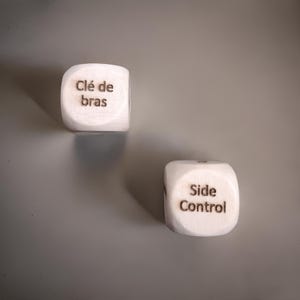May include: Two white wooden dice with black text. One die reads "Clé de bras" and the other die reads "Side Control".
