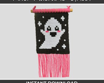 Patrón de fantasma de macramé de píxeles: Tutorial para hacer un tapiz de Halloween (Descargar PDF)