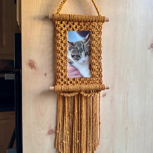 May include: Mustard yellow macrame photo frame with a picture of a kitten. The frame is rectangular with a woven design and wooden dowels at the top and bottom. The frame hangs from a matching macrame cord.