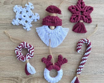 Juego de adornos navideños de macramé hechos a mano / Gnomo, reno, estrella, bastón de caramelo, corona y copo de nieve para el árbol