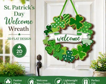 St Patrick’s Day Wreath, Shamrock Door Hanger, Clover Welcome Sign, Irish Door Decor, Green Spring Wreath