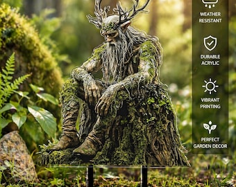 Estaca acrílica de jardín Guardián del Bosque, decoración de jardín de fantasía, adorno exterior Espíritu del Bosque, arte de césped Elfo de Musgo, regalo de jardín natural