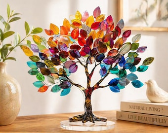 Adorno acrílico de árbol colorido, adorno de árbol estilo vidriera, decoración de mesa con hojas arcoíris, decoración de escritorio inspirada en la naturaleza, regalo para el hogar.
