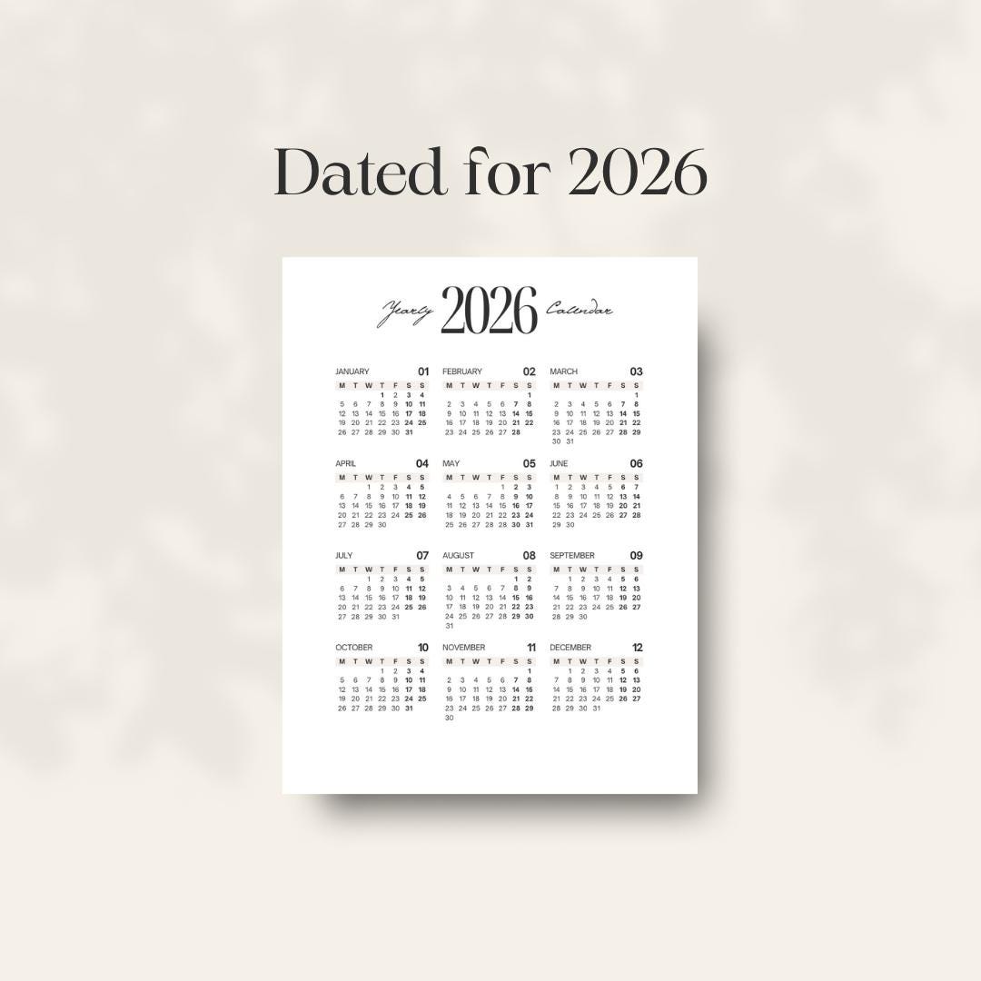 2026 Yearly Planner Printable | Minimalist Monthly Calendar + Notes ...