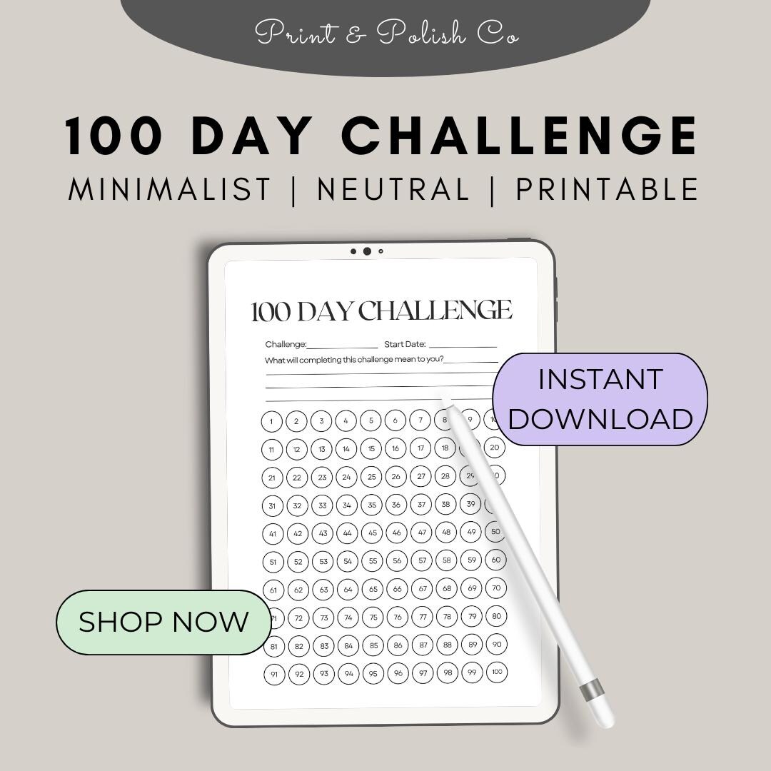 100 Day Challenge Tracker | Minimalist Goal Template (digital Download ...