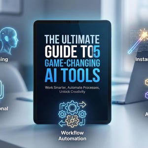 May include: A tablet displays "THE ULTIMATE GUIDE TO 5 GAME-CHANGING AI TOOLS." The image showcases AI voice cloning, instant visual design, conversational partner, workflow automation, and no-code app building. The background includes a laptop and a coffee cup.
