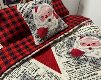 Kerstpoppenhuisbeddengoed, kerstman en plaid (schaal 1:12)