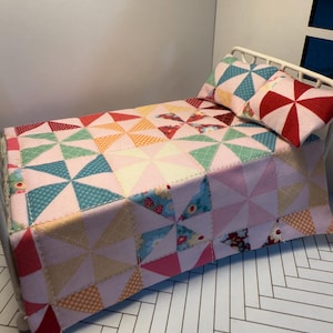 Pink mock quilt 1:12 scale miniature dollhouse bedding set.