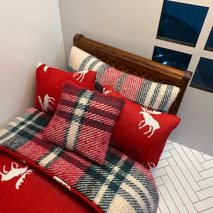 Red moose and holiday plaid  twin or double size 1:12 scale miniature dollhouse bedding set.