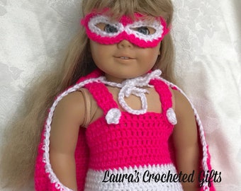 18 inch Doll Super Hero Costume, Handmade Crochet Doll Costume, Super Hero Costume, Costume for 18 in Doll, Pink and White Doll Costume