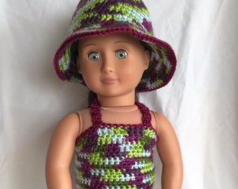 Doll Swimsuit, Handmade Crochet Doll Clothes, Doll Swimwear, Swimsuit for 18 inch Doll, Swimsuit and Hat for Doll, Multicolored Swimsuit