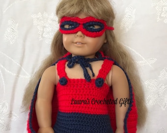 18 inch Doll Super Hero Costume, Handmade Crochet Doll Costume, Super Hero Costume, Costume for 18 in Doll, Red and Blue Doll Costume