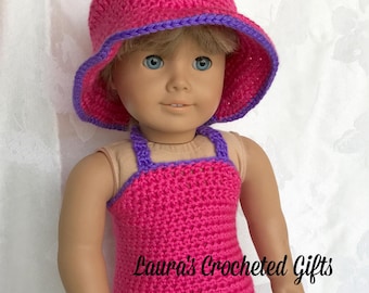 Doll Swimsuit, Handmade Crochet Doll Clothes, Doll Swimwear, Swimsuit for 18 inch Doll, Swimsuit and Hat for Doll, Pink and Purple Swimsuit