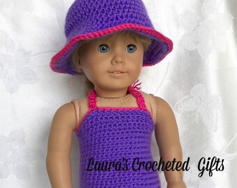 Doll Swimsuit, Handmade Crochet Doll Clothes, Doll Swimwear, Swimsuit for 18 inch Doll, Swimsuit and Hat for Doll, Purple and Pink Swimsuit