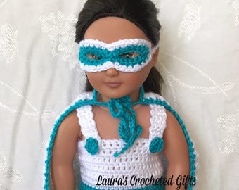 Super Hero Costume for 18 inch Doll, Handmade Crochet Doll Costume, Super Hero Costume, Costume for 18 in Doll, White and Blue Doll Costume