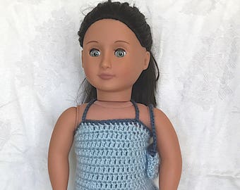 18 inch Doll Sundress, Handmade Crochet Doll Clothes, Blue Dress For 18 inch Doll, Summer Doll Outfit