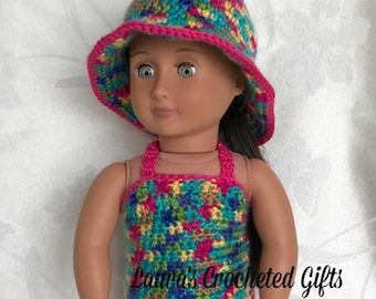 18 inch Doll Swimsuit, Handmade Crochet Doll Clothes, Doll Swimwear, Swimsuit for Doll, Swimsuit and Hat for Doll, Multi Colored Swimsuit