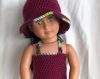 Doll Swimsuit, Handmade Crochet Doll Clothes, Doll Swimwear, Swimsuit for 18 inch Doll, Swimsuit and Hat for Doll, Purple Doll Swimsuit