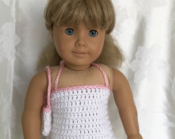 Doll Sundress, Handmade Crochet Doll Clothes, White and Pink Dress For 18 inch Doll, Summer Sundress for Doll, Crochet Doll Sundress