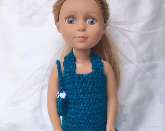 Doll Dress, Handmade Crochet Doll Dress, Teal Sparkle Holiday Party Dress for 14.5 inch doll, Doll Christmas Dress, Dress for 14.5 inch Doll