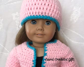 Sweater and Hat for Doll, Handmade Crochet, Crochet Doll Clothes, Sweater and Hat for 18 in Doll, Pink and Blue Clothes for 18 in Doll