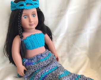 Doll Costume, Mermaid Princess Costume, Handmade Crochet Doll Clothes, Blue and Gray Mermaid Costume for 18 inch Doll, Doll Mermaid Tail
