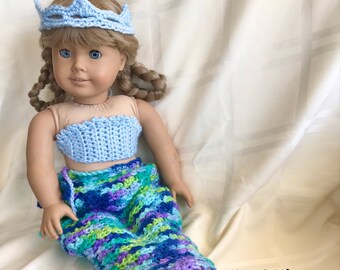 Doll Costume, Mermaid Princess Costume, Handmade Crochet Doll Clothes, Blue, Green, Purple Mermaid Costume for 18 in Doll, Doll Mermaid Tail